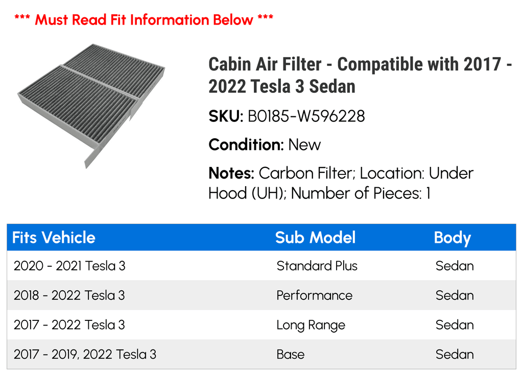 Cabin Air Filter - appropriate with 2017 - 2022 Tesla 3 Sedan 2018 2019 2020 2021