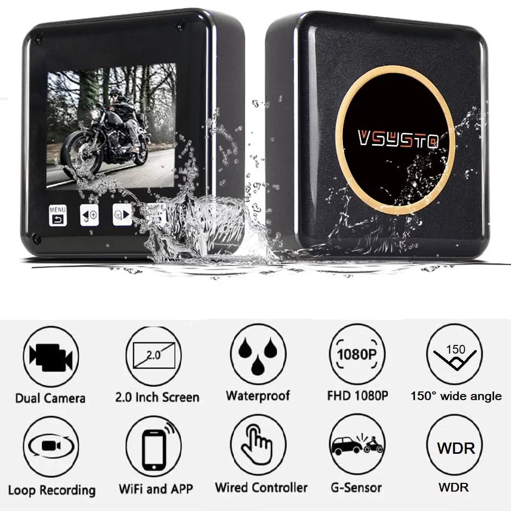 VSYSTO 2 Inch Screen HD 1080P Motorcycle Dash Cam, Full Body Waterproof SonyIMX307 150° Wide Angle Fish Eye Lens Front and Rear Camera, WDR, Night Vision, Loop Recording, G-sensor
