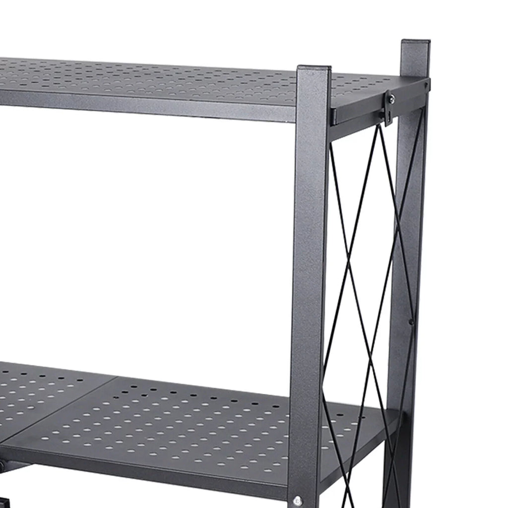 Storage 3 Tier Wide Folding Metal Shelf ,Rolling Trolley Utility Cart Black