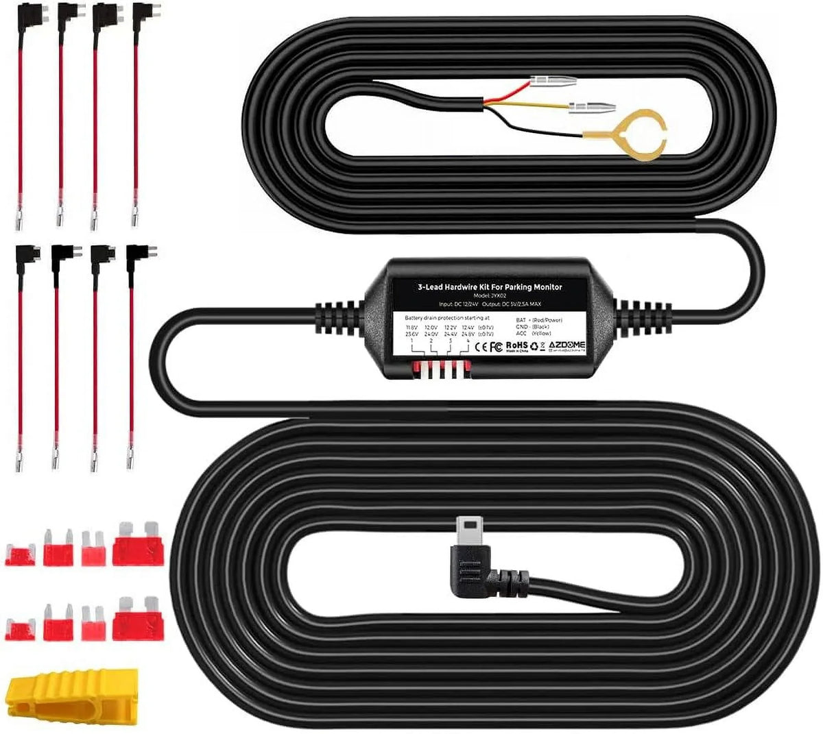 3-Lead Acc Hardwire Kit Mini-USB Port for M550 Dash Cam, 12ft with Fuse Kit, for Dash Camera 24H Parking Monitor