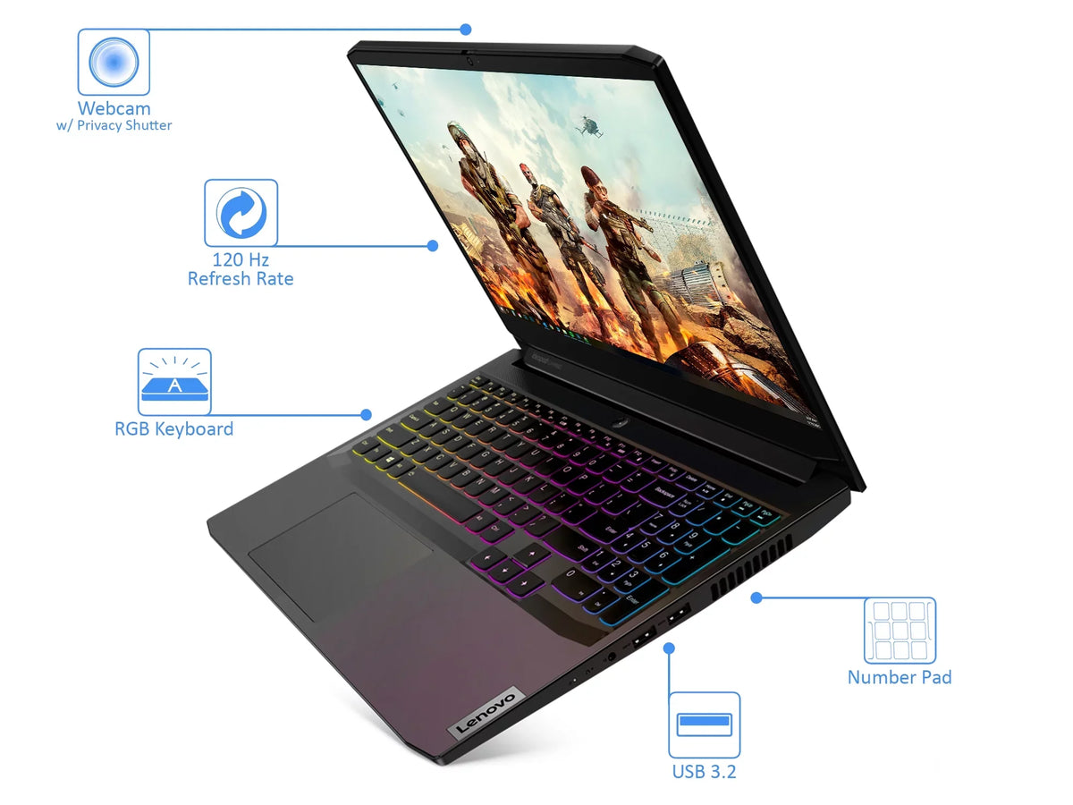 IdeaPad 3 Gaming Laptop, 15.6" 120Hz FHD Display, AMD Ryzen 5 5600H Upto 4.2GHz, 32GB RAM, 2TB NVMe SSD, NVIDIA GeForce RTX 3050, HDMI, Wi-Fi, Bluetooth, Windows 10 Pro