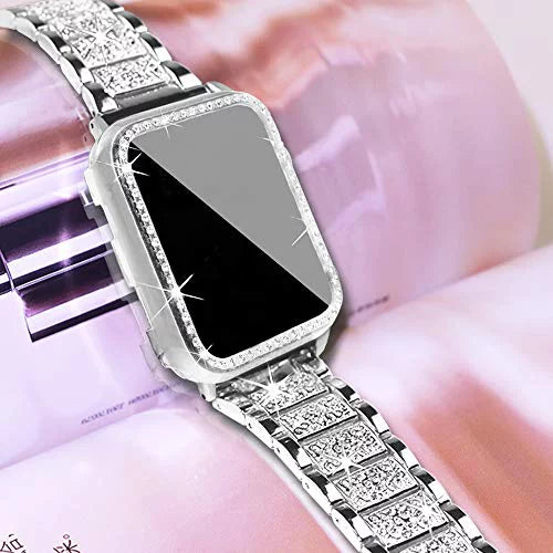 Mosonio suitable with  Watch Band 42mm with Case Women, Jewelry Replacement Metal Wristband Strap with 2 Pack Bling PC Protective shield for iWatch Series 3/2/1(Silver) Silver 42 mm