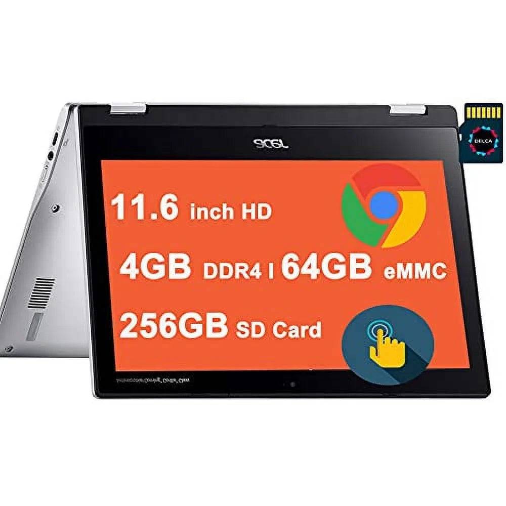Spin 311 Chromebook 11 Premium 2-in-1 Laptop 11.6 Inch HD IPS Touchscreen MediaTek Octa-Core MT8183C Processor 4GB DDR4 64GB eMMC + 256GB SD Card USB-C WiFi5 ChromeOS Silver + 32GB MicroSD Card
