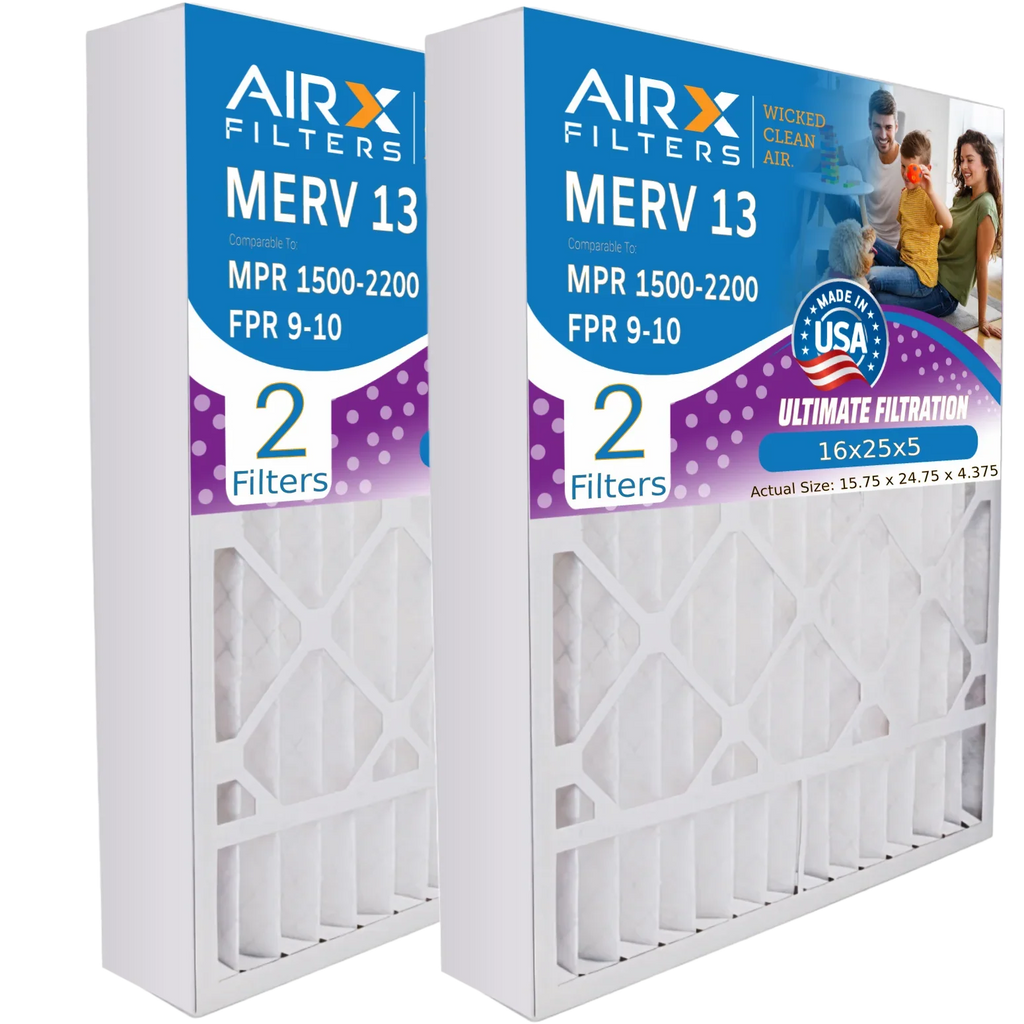 16x25x5 Air Filter MERV 13 Comparable to MPR 1500 - 2200 & FPR 9 matching with Lennox X6670 Air Filter 2 Pack by AIRX FILTERS WICKED CLEAN AIR.