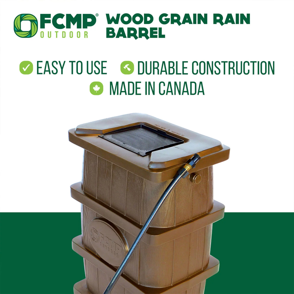 FCMP Outdoor WG4000 45 Gallon Wood Grain Rain moisture Catcher Barrel, Brown
