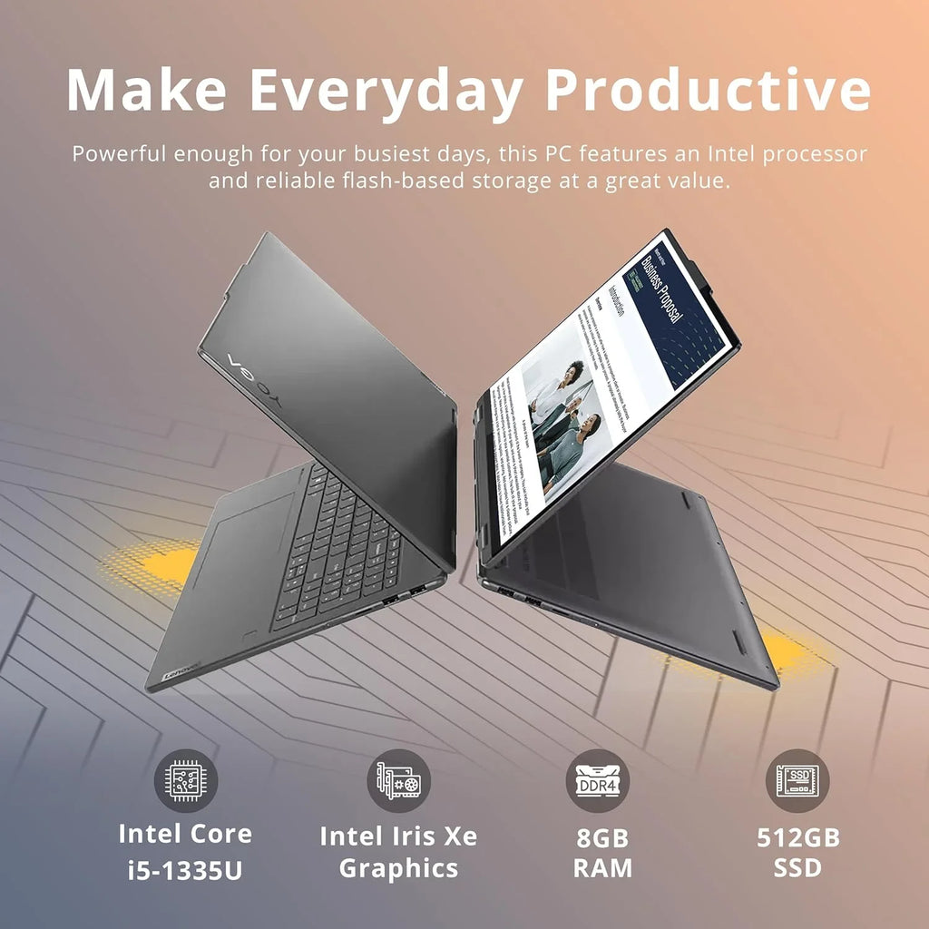 Yoga 7i Touchscreen Laptop, 2-in-1 360° 16" WUXGA Laptop,  Core-i5 1335U, 8GB RAM, 512GB PCIe SSD, Backlit Keyboard, Fingerprint Reader, Win 11, Gray, with 32GB Snowbell USB Card