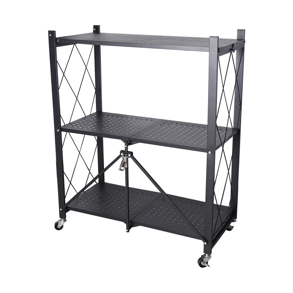 Storage 3 Tier Wide Folding Metal Shelf ,Rolling Trolley Utility Cart Black