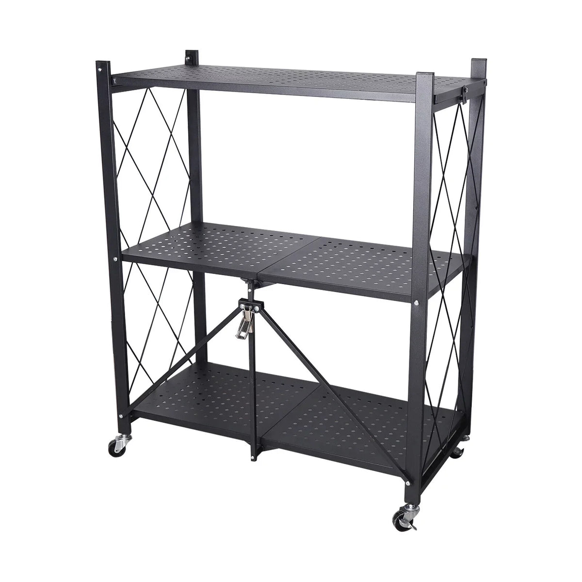 Storage 3 Tier Wide Folding Metal Shelf ,Rolling Trolley Utility Cart Black