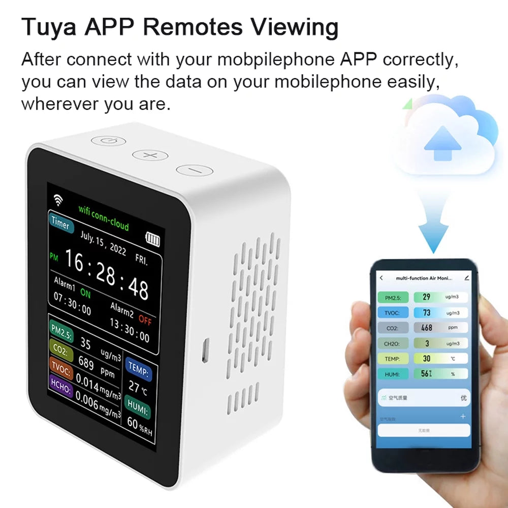 Wifi Intelligent Air superior Detector Pm2.5 Co2 Tvoc Hcho Temperature Humidity 6 In 1 Detector Time Date Week Display Mobilephone App Remotes Viewing 2 Sets Alarm Clock Home Indoor Desk