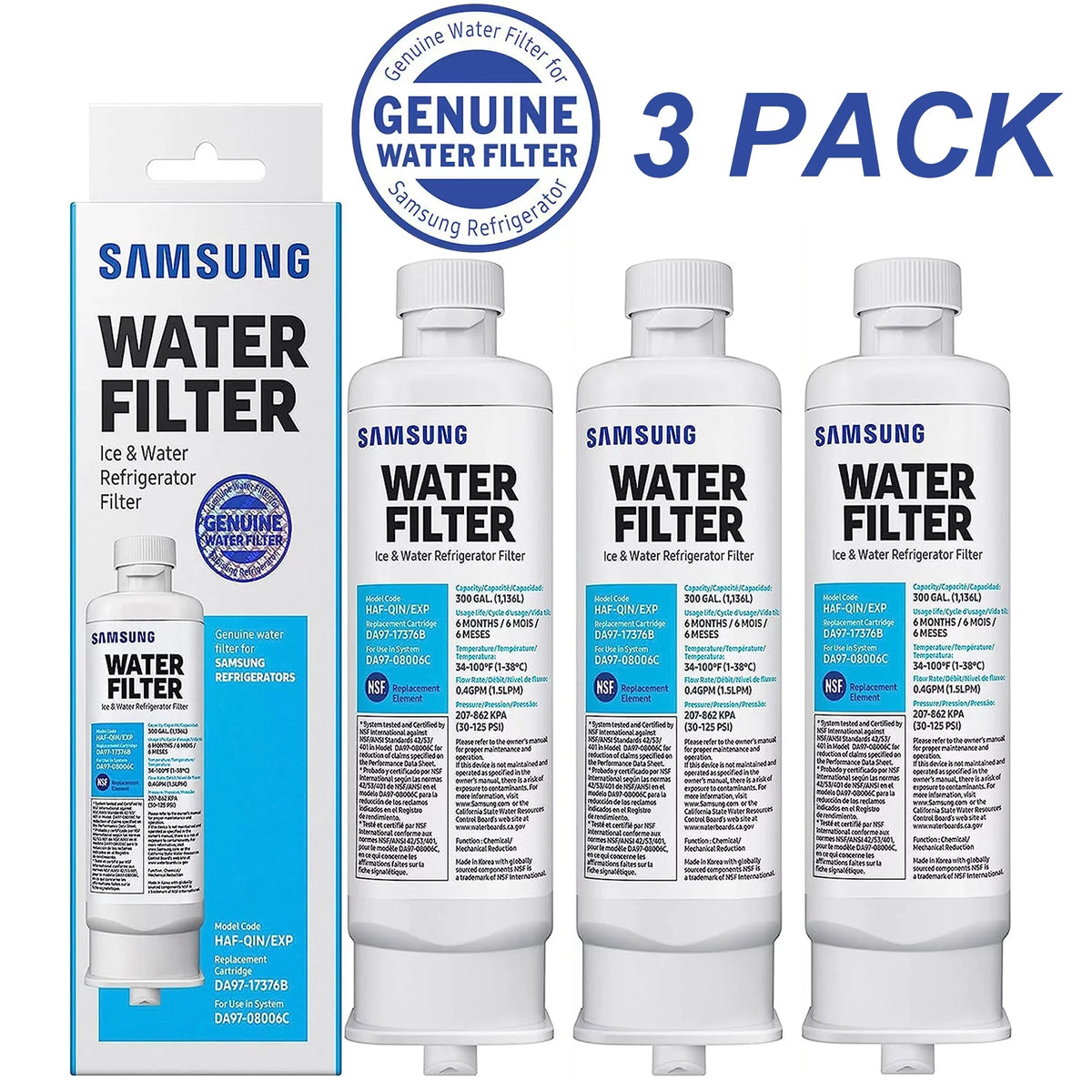 3 Pack matching With HAF-QIN/EXP, DA97-17376B, DA97-08006C, HAF-QIN Refrigerator moisture Filter