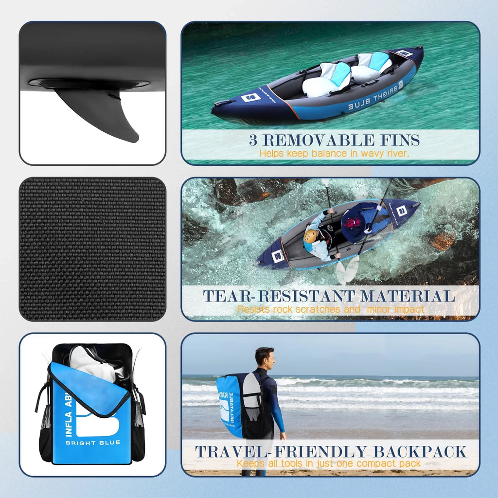 BRIGHT BLUE Inflatable Touring White aqua Paddling Kayak 1-2 Persons sit-on with Paddles,Hand Pump,Backpack,Fins