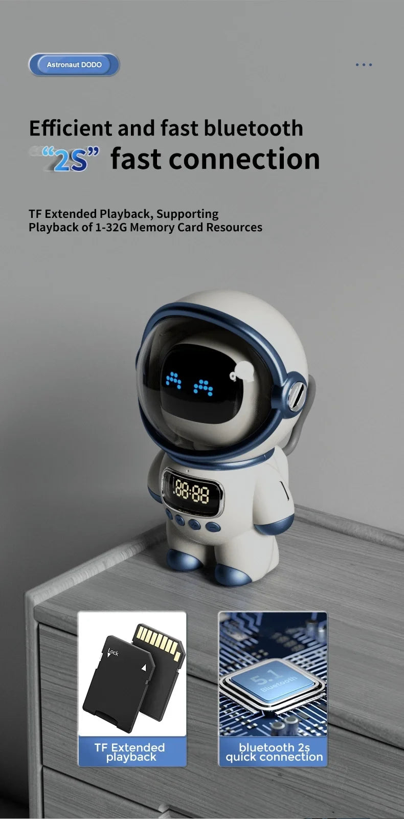 Astronaut-Shaped Smart Bluetooth Speaker with Clock, Alarm, FM Radio, Sleep Night Light and TF Card Support