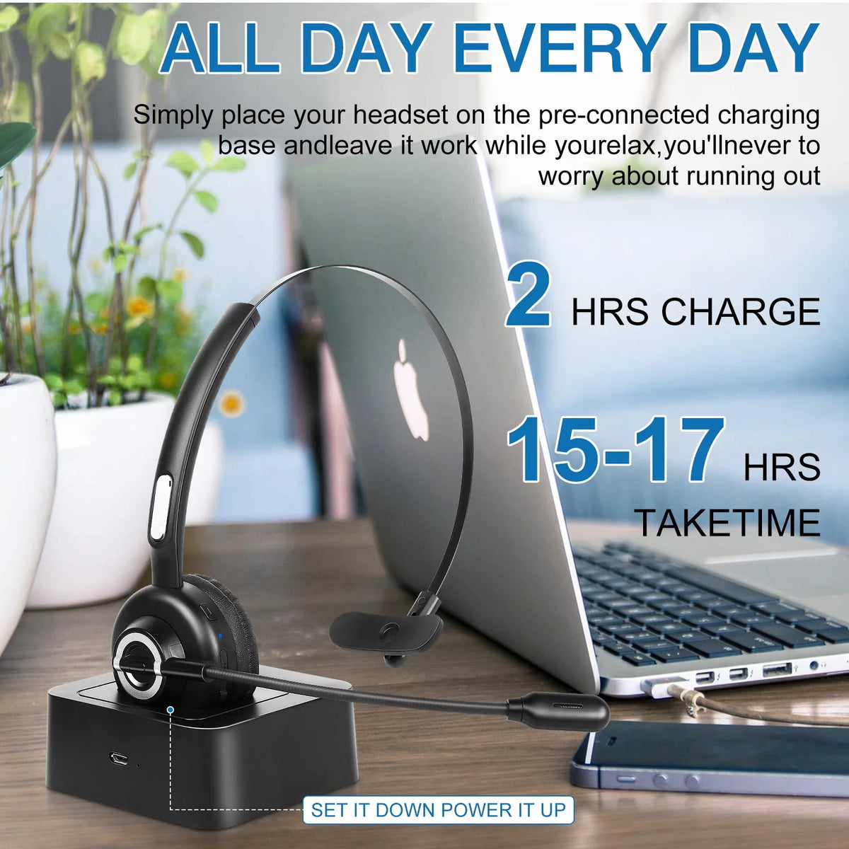 Comfortable Bluetooth Headset, UX-M97 Wireless Headset with Microphone, Wireless Cell Phone Headset with Noise Isolation Mic Charging Base Mute Function for BLU G61 With Charging Dock
