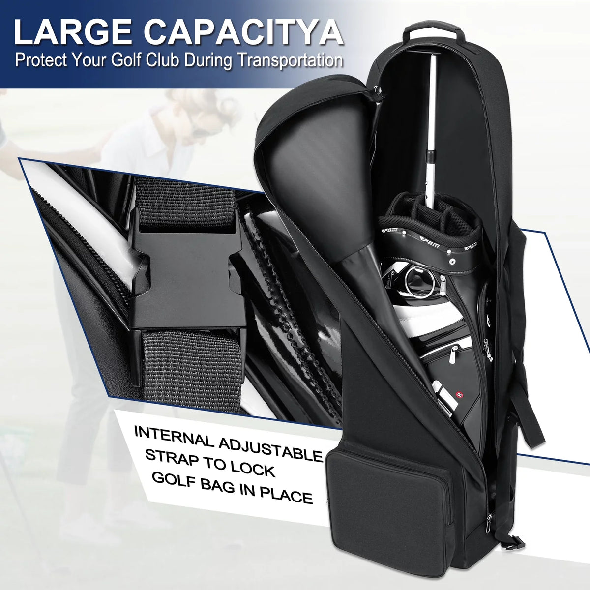 Wossspt Soft Golf Travel Bags with Stabilizing Straps, Upgraded Rubber Wheels, Heavy Duty 900D Polyester Oxford Wear impervious，Extra Storage Pocket