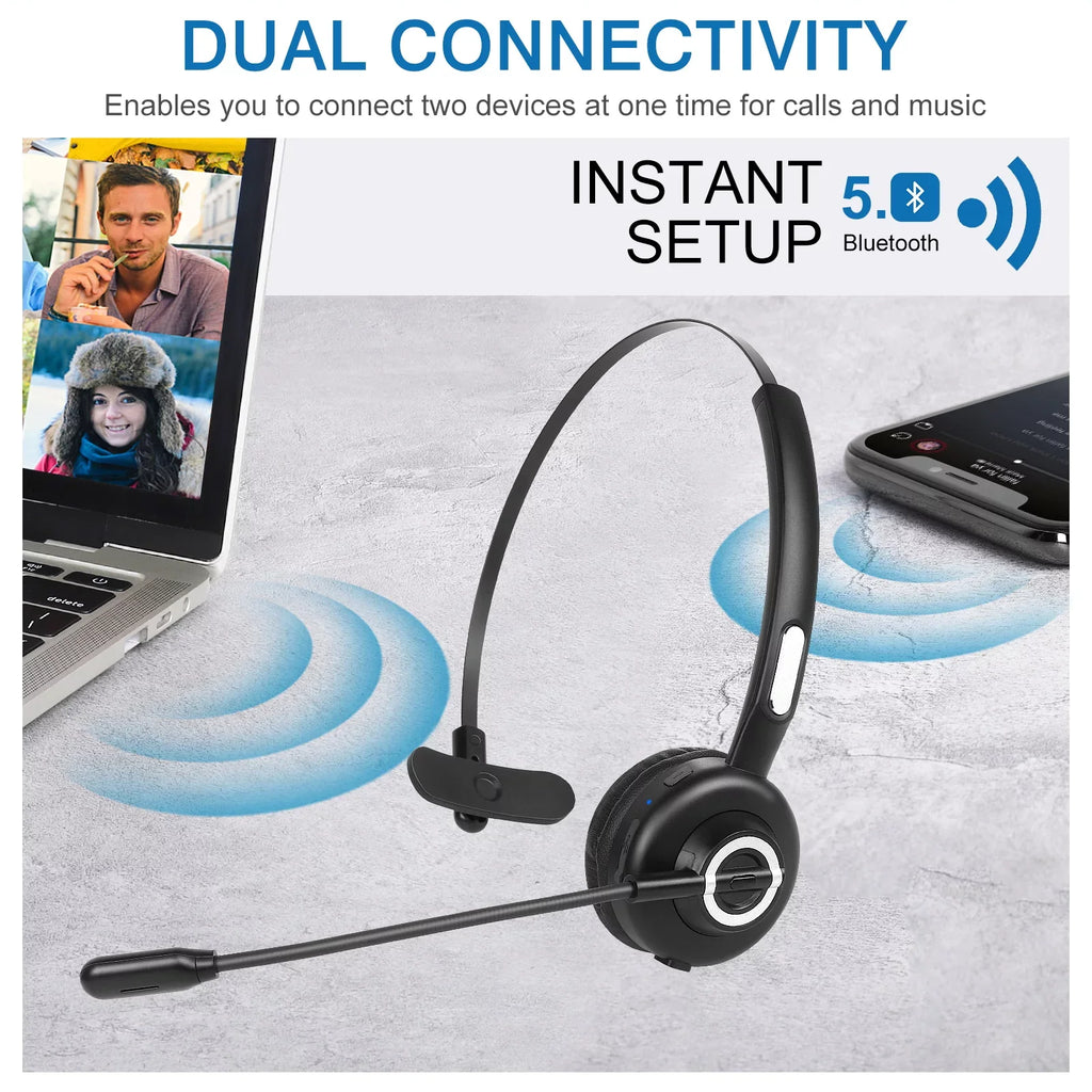 Comfortable Bluetooth Headset, UX-M97 Wireless Headset with Microphone, Wireless Cell Phone Headset with Noise Isolation Mic Charging Base Mute Function for BLU G61 With Charging Dock