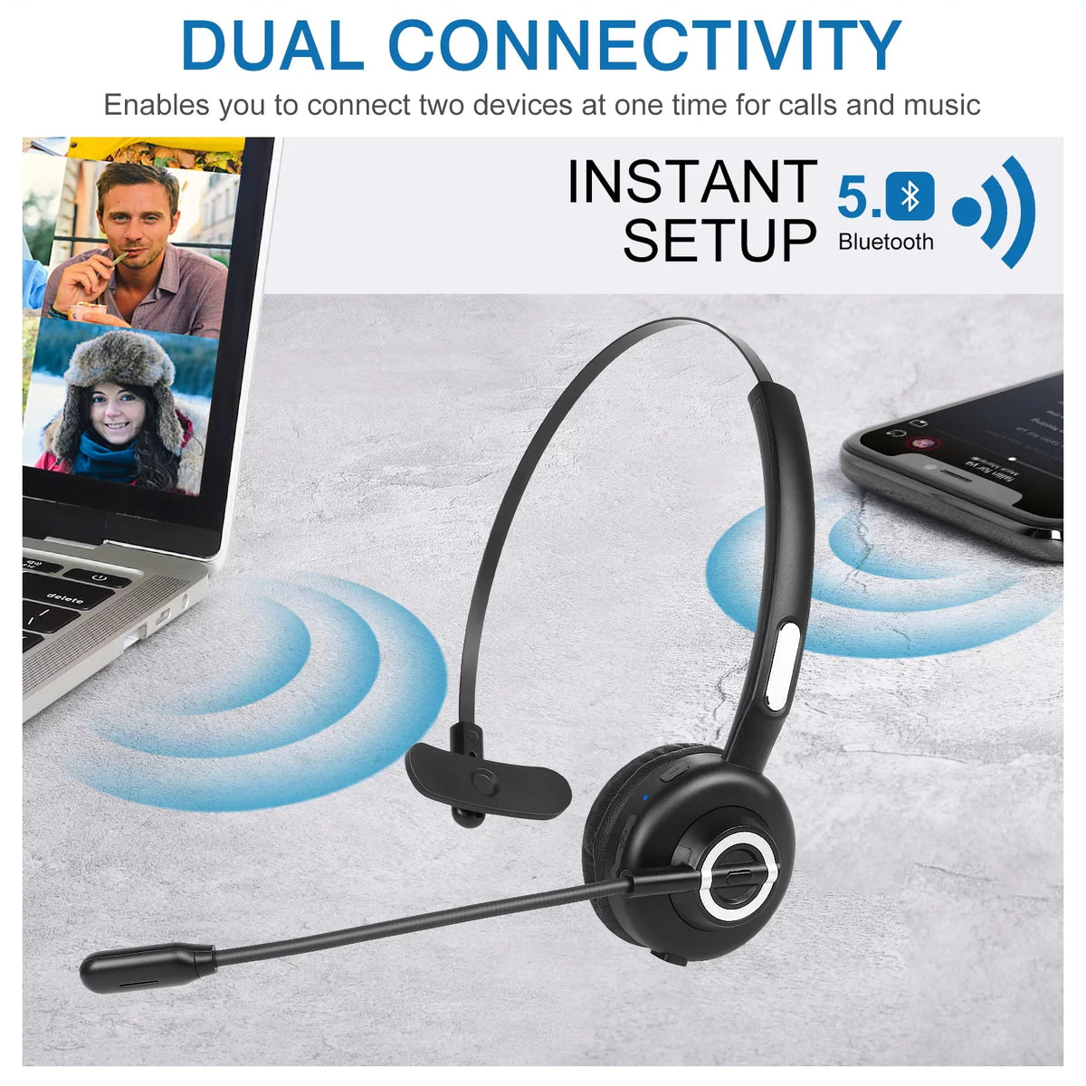 Comfortable Bluetooth Headset, UX-M97 Wireless Headset with Microphone, Wireless Cell Phone Headset with Noise Isolation Mic Charging Base Mute Function for BLU G61 With Charging Dock