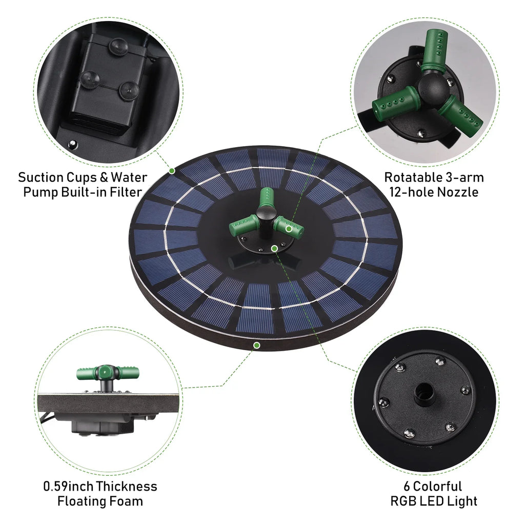 fountain,Led Solar aqua Pump With Battery Auto-shut Off With Battery Auto-shut Off 9 Inch 9 Inch Bath Nozzle Led Solar 6w Auto-shut Off 9 With Rotatable Nozzle Solar liquid Pump Yaliya Qisuo