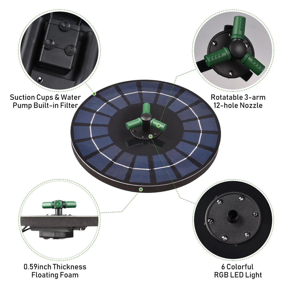 fountain,Led Solar aqua Pump With Battery Auto-shut Off With Battery Auto-shut Off 9 Inch 9 Inch Bath Nozzle Led Solar 6w Auto-shut Off 9 With Rotatable Nozzle Solar liquid Pump Yaliya Qisuo