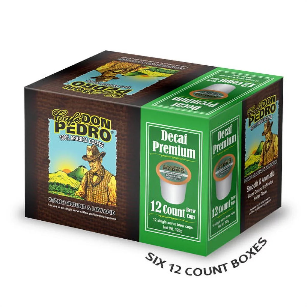 Cafe Don Pedro Decaf Premium Low Acid Coffee Pods - Enjoy Tasty Coffee Without Jitters - matching with Keurig K-cup Coffee Maker, 100% Arabica, Battles Heartburn, Acidic Reflux, 72 count