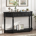 TREXM Retro Circular Curved Design Console Table with Open Style Shelf Solid Wooden Frame and Legs Two Top Drawers (Cherry + Antique Blue  OLD SKU  WF298768AAC)