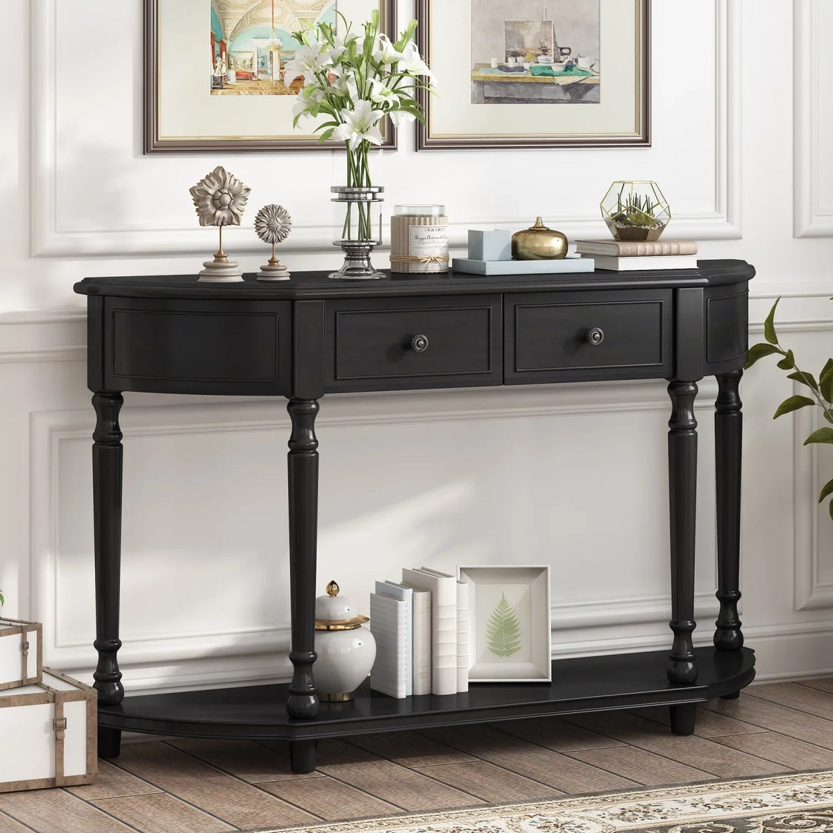 TREXM Retro Circular Curved Design Console Table with Open Style Shelf Solid Wooden Frame and Legs Two Top Drawers (Cherry + Antique Blue  OLD SKU  WF298768AAC)
