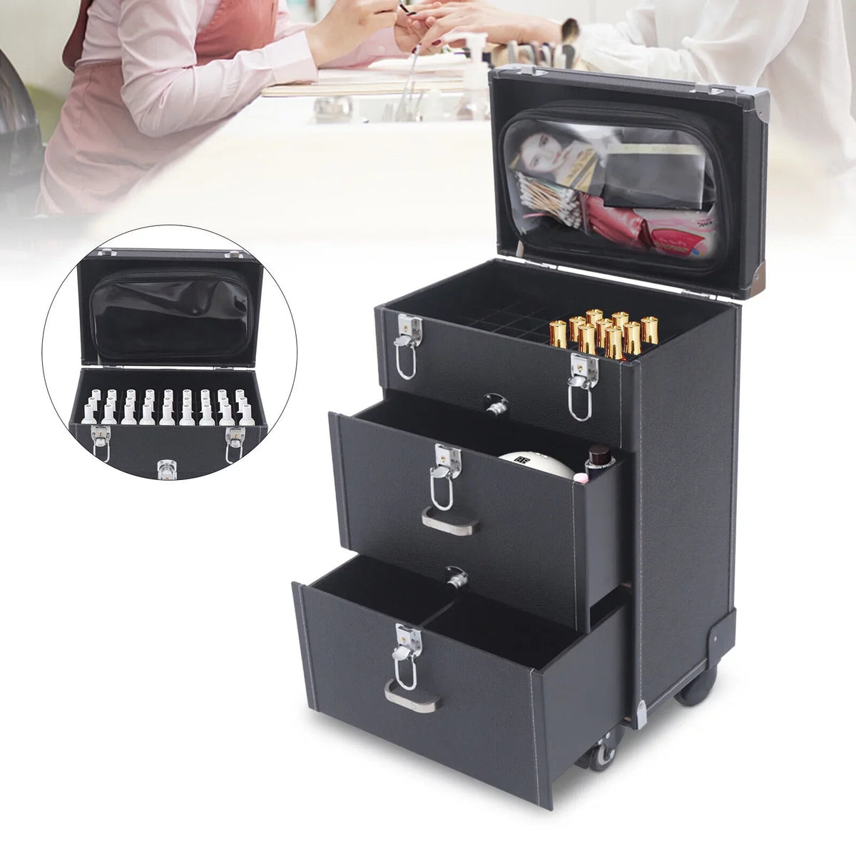 DENEST Nail Polish Storage box Travel Makeup Rolling Organizer Cosmetics Train Case with Wheels