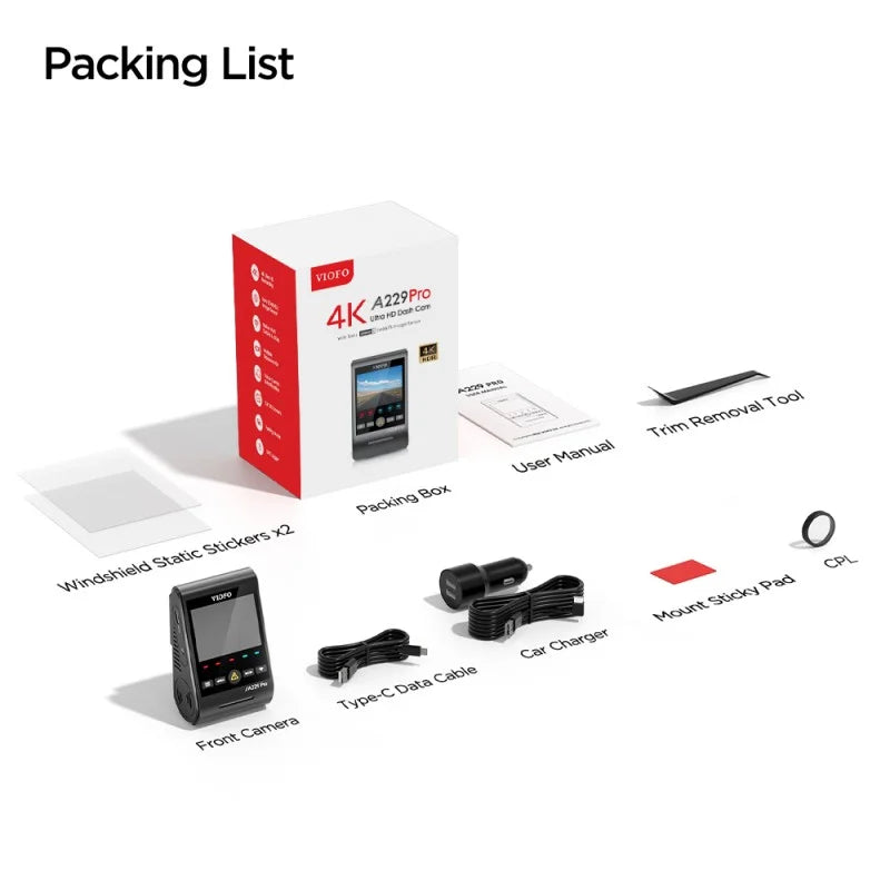 VIOFO A229 PRO 1CH 4K Front Dashcam with WiFi, GPS, and  STARVIS 2