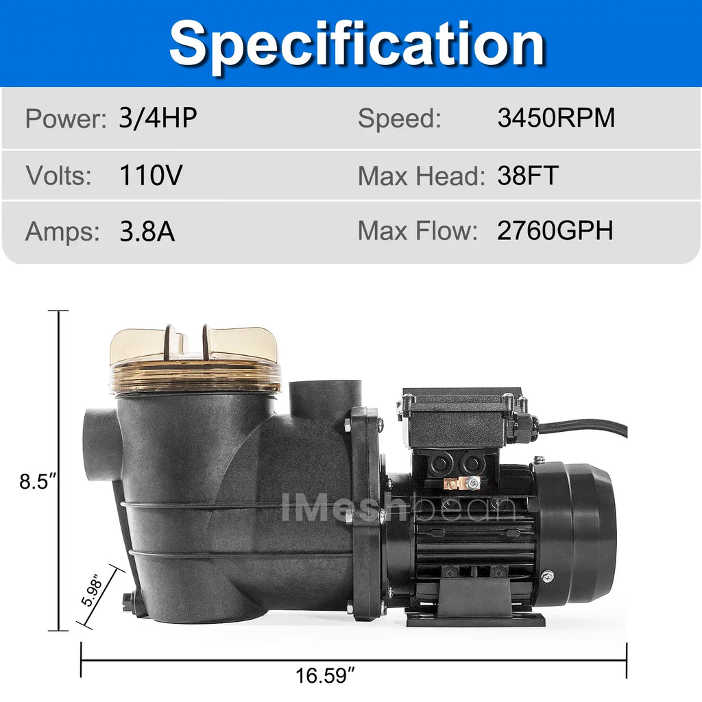 iMeshbean Above Ground Swimming Pool Pump, 3/4HP Motor 110V, 2760GPH, Head Max 38FT, for Above Ground Swimming Pool and Inground Pool aqua Circulation, w/ Strainer Basket