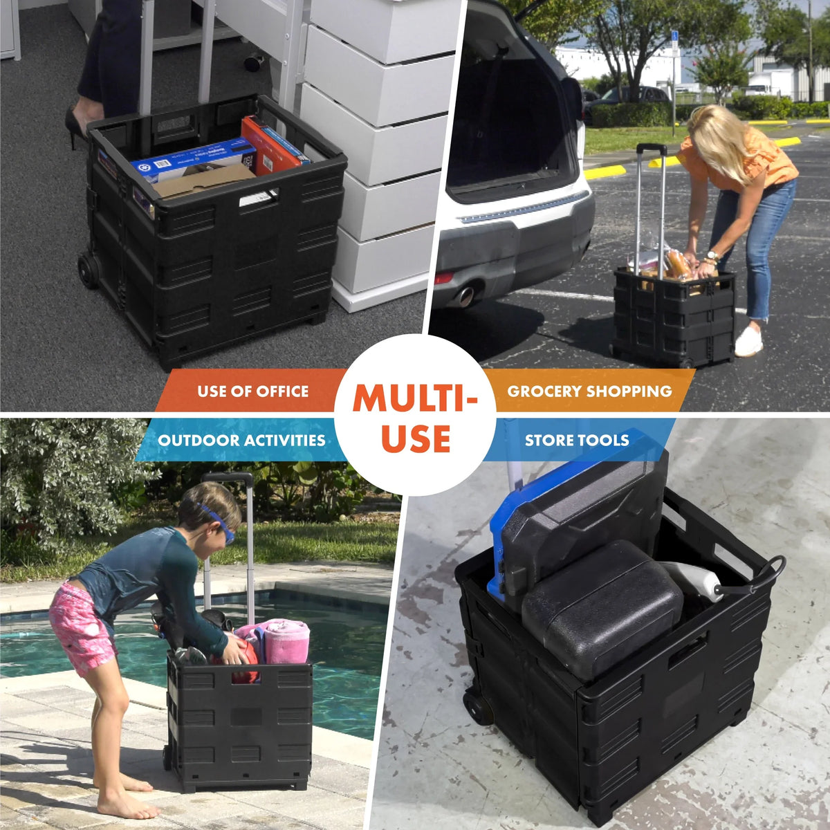 Ultra-Slim Rolling Collapsible Storage Pack-N-Roll Utility-carts, with Telescopic Handle, for Home, Garden, Shopping, Office, School use, Medium, Black