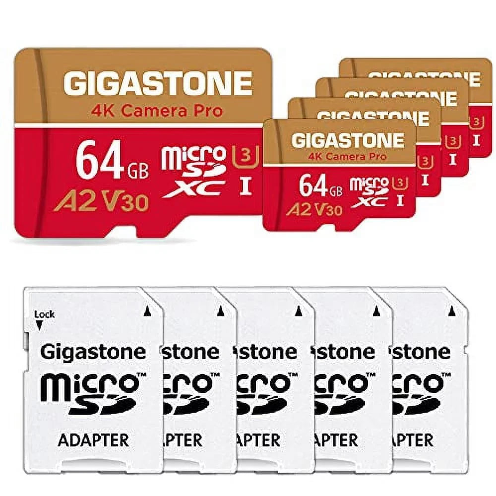 Gigastone 64GB Micro SD Card, 4K Video Recording, 4K Camera Pro, matching with Nintendo Switch, Dash Cam, GoPro Cameras, R/W up to 95/35 MB/s, Micro SDXC UHS-I A1 V30 Class 10, 5 Pack (5x64GB)