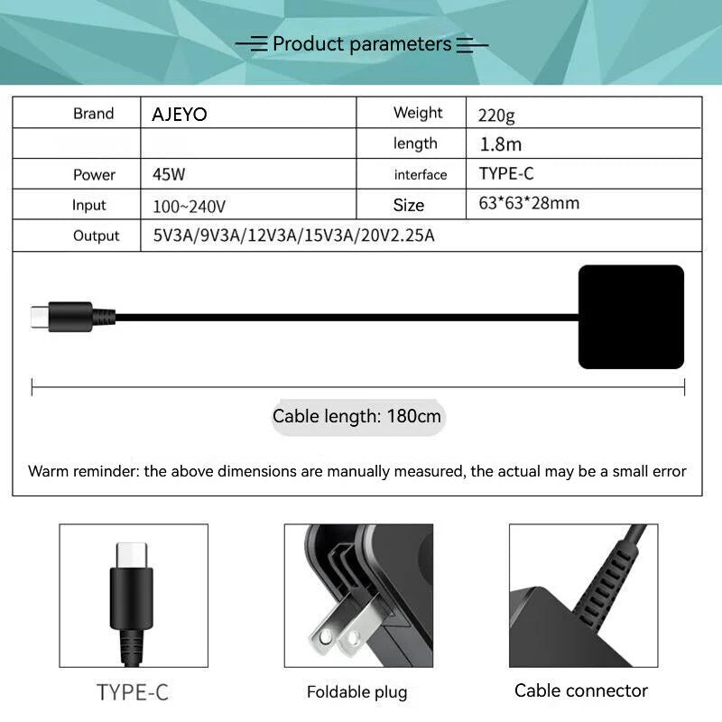 20V 2.25A Type-C Laptop AC Adapter Charger for  13 7389 7390 3380,12 5289 7275 7285,4RYWW 2VP8G CDH54 2YKOF 0P51H HDCY5,7289 P29S 3380 7350 5490 T17G 5495 7390 7212 3390 5290 7285 5590 7370 5320