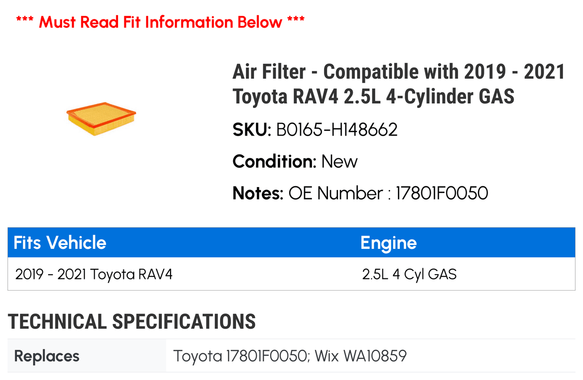 Air Filter - suitable with 2019 - 2021  RAV4 2.5L 4-Cylinder GAS 2020