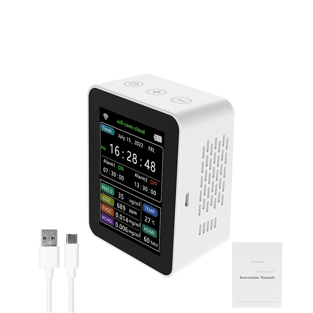 Tuya Wifi Intelligent Air premium Detector Pm2.5 Co2 Tvoc Hcho Temperature Humidity 6 In 1 Detector Time Date Week Display Mobilephone App Remotes Viewing 2 Sets Alarm Clock Home Indoor Desk