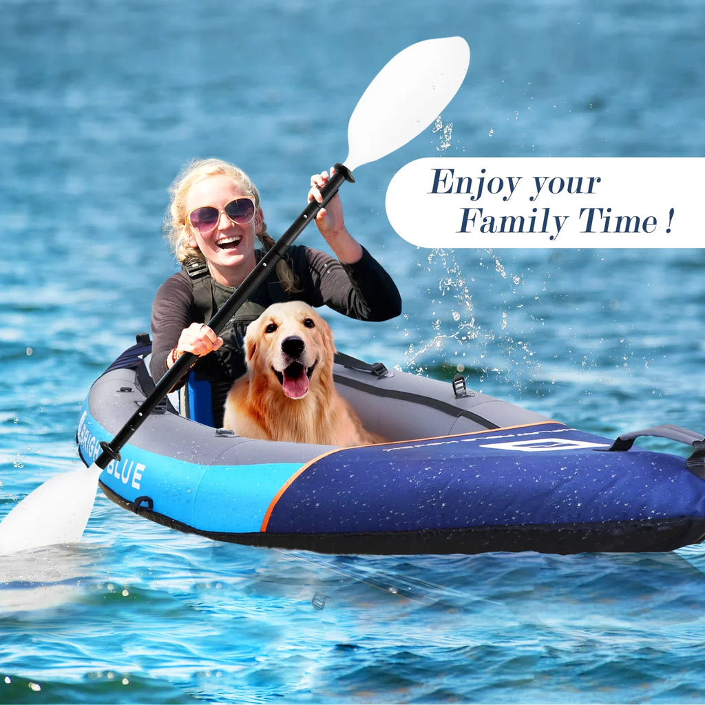 BRIGHT BLUE Inflatable Touring White aqua Paddling Kayak 1-2 Persons sit-on with Paddles,Hand Pump,Backpack,Fins