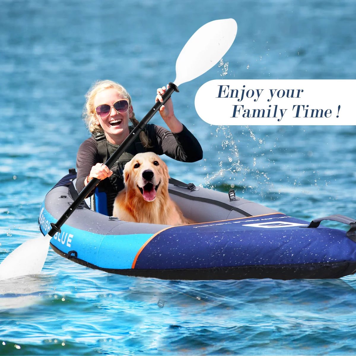 BRIGHT BLUE Inflatable Touring White aqua Paddling Kayak 1-2 Persons sit-on with Paddles,Hand Pump,Backpack,Fins