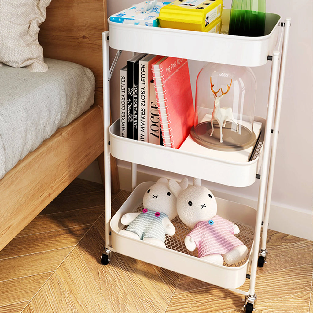 Utility Cart 3 Tier Rolling Cart With Wheels, Craft Storage Foldable Metal Utility Rolling Cart Shelves Folding Mobile Multi-Function Storage Organizer Cart for Home Library Office