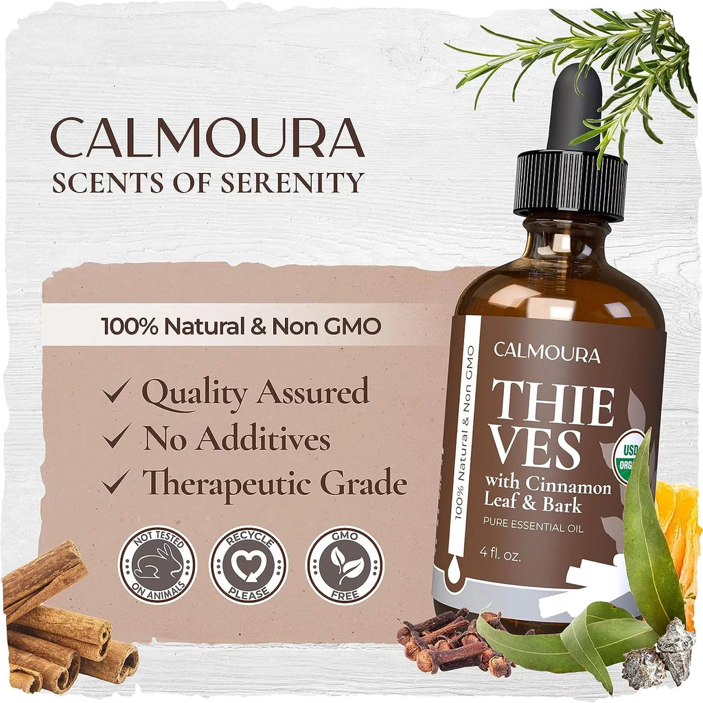 Organic Thieves Oil Essential Oil (4 oz | 118 ml) — USDA Certified Therapeutic Grade For Essential Oil Diffuser — Oil Blend of Clove, Cinnamon, Rosemary Essential Oil, Lemon and Eucalyptus
