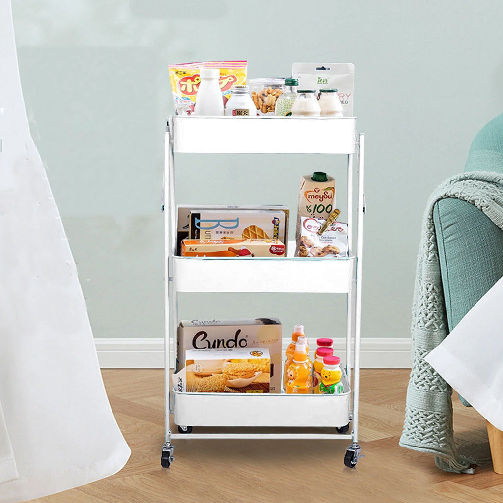 Utility Cart 3 Tier Rolling Cart With Wheels, Craft Storage Foldable Metal Utility Rolling Cart Shelves Folding Mobile Multi-Function Storage Organizer Cart for Home Library Office
