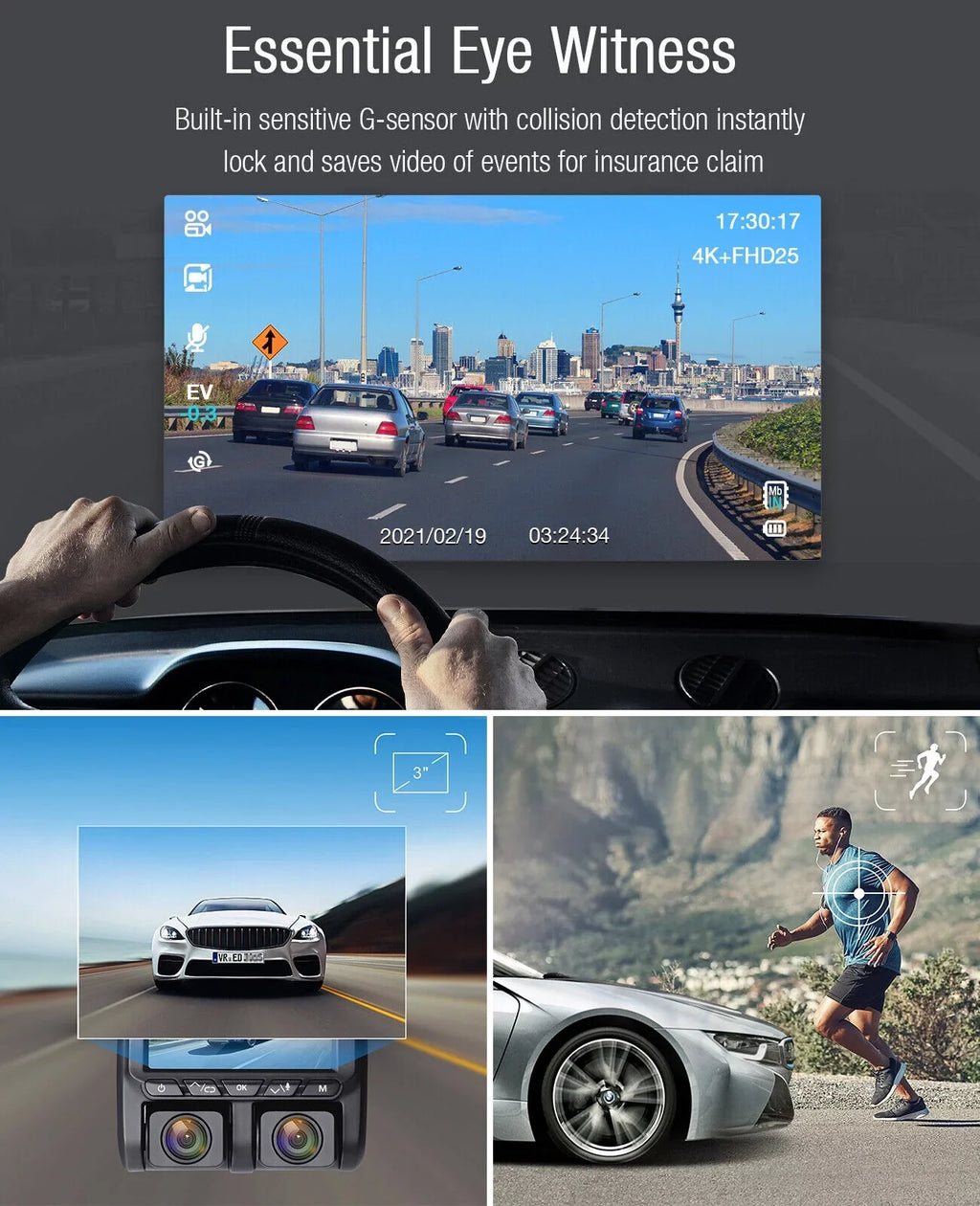 4K Dash Camera  TOGUARD 4K+1080P Dash Cam Front and Inside 3" LCD Screen Car Camera Loop Recording Parking Mode G-Sensor