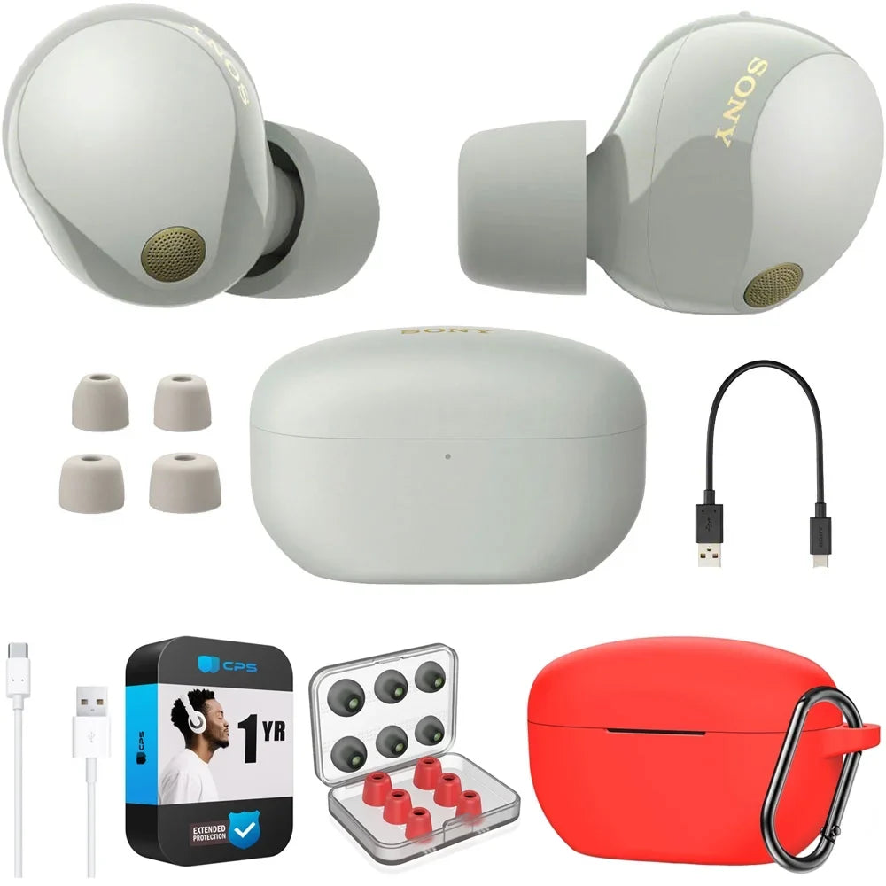 WF-1000XM5 Industry Leading Noise Canceling Truly Wireless Earbuds (Silver) Bundle with Silicone Case (Red), Memory Foam Ear Tips, USB-A to USB-C Cable & 1 YR CPS Enhanced Protection Pack