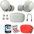 WF-1000XM5 Industry Leading Noise Canceling Truly Wireless Earbuds (Silver) Bundle with Silicone Case (Red), Memory Foam Ear Tips, USB-A to USB-C Cable & 1 YR CPS Enhanced Protection Pack