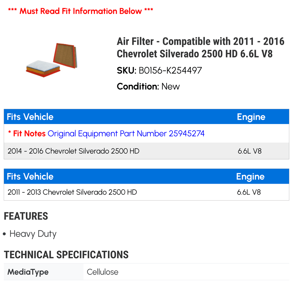 Air Filter - appropriate with 2011 - 2016 Chevy Silverado 2500 HD 6.6L V8 2012 2013 2014 2015