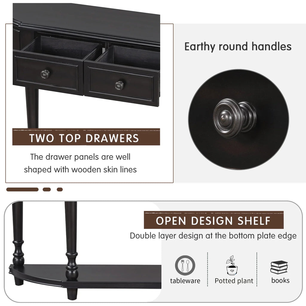 TREXM Retro Circular Curved Design Console Table with Open Style Shelf Solid Wooden Frame and Legs Two Top Drawers (Cherry + Antique Blue  OLD SKU  WF298768AAC)