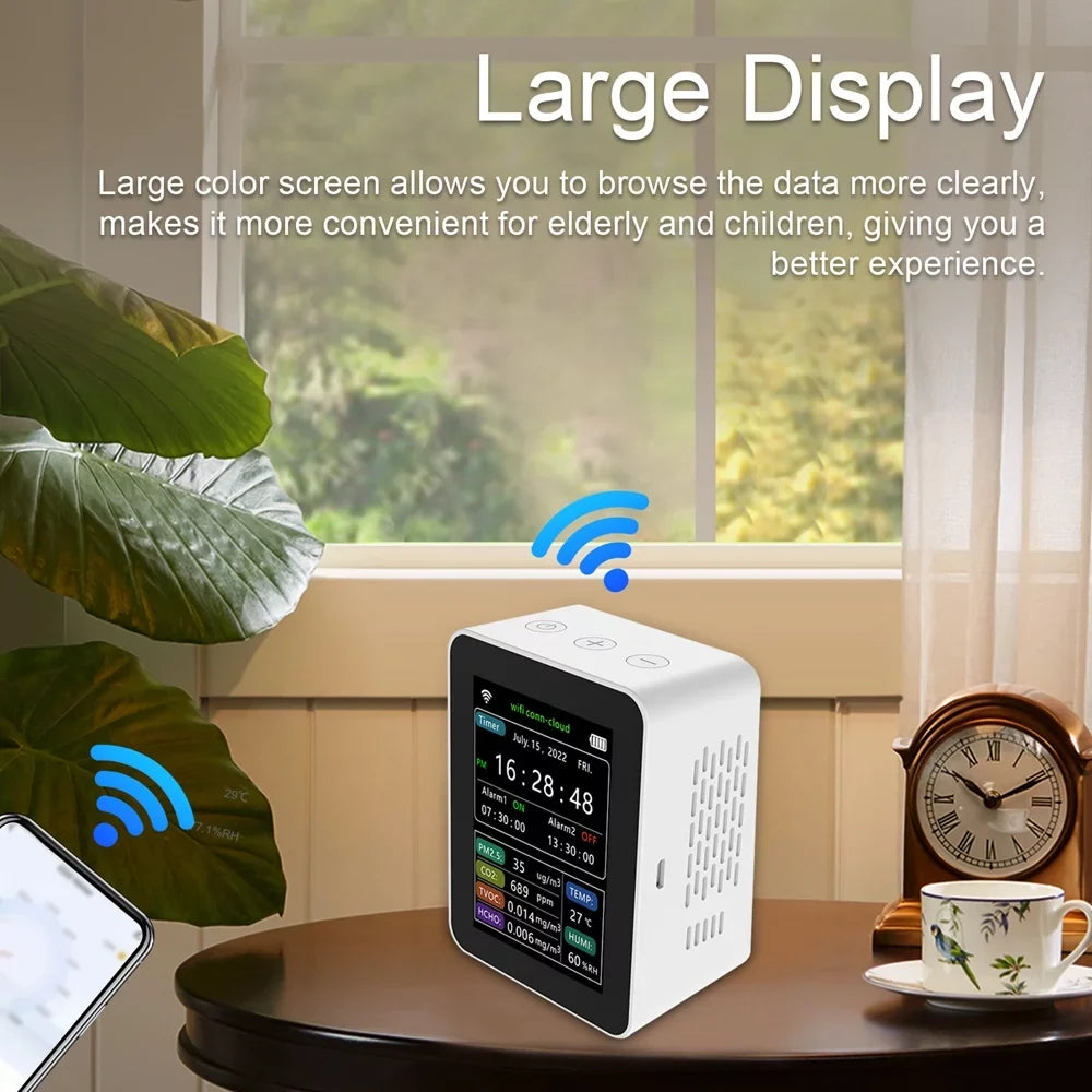 Wifi Intelligent Air superior Detector Pm2.5 Co2 Tvoc Hcho Temperature Humidity 6 In 1 Detector Time Date Week Display Mobilephone App Remotes Viewing 2 Sets Alarm Clock Home Indoor Desk