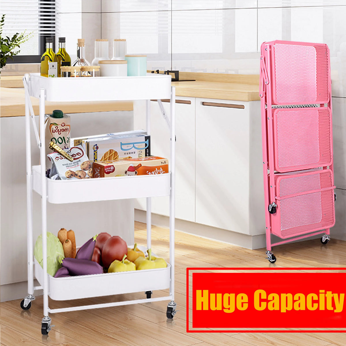 Utility Cart 3 Tier Rolling Cart With Wheels, Craft Storage Foldable Metal Utility Rolling Cart Shelves Folding Mobile Multi-Function Storage Organizer Cart for Home Library Office