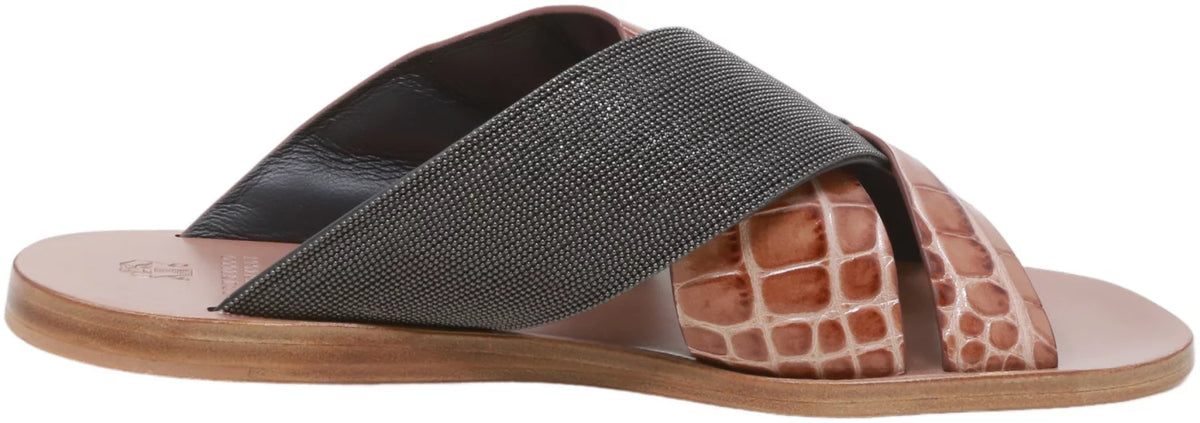 Brunello Cucinelli Women's Lizard-Effect Metallic Sliders Black / Snake Leather Sandal - 7 M