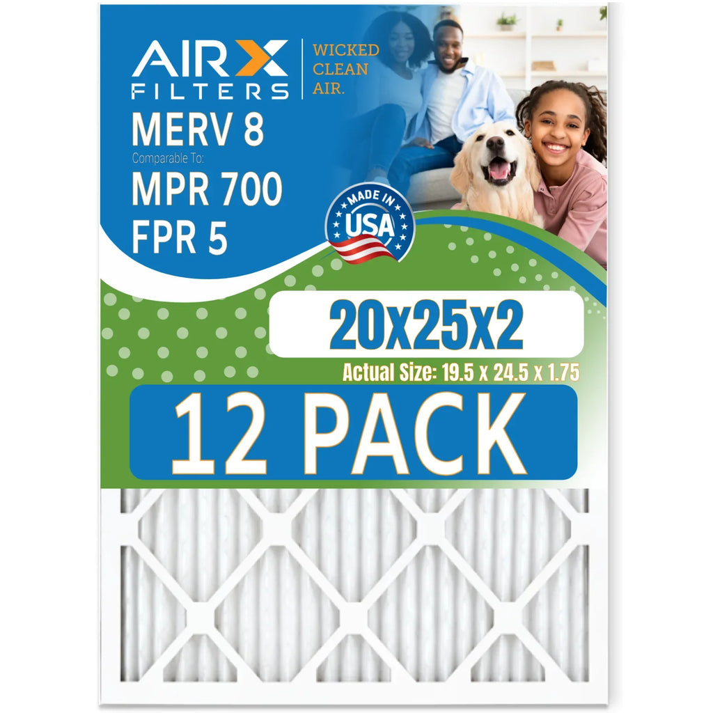 20x25x2 Air Filter MERV 8 Rating, 12 Pack of Furnace Filters Comparable to MPR 700 & FPR 5 - Made in USA by AIRX FILTERS WICKED CLEAN AIR.