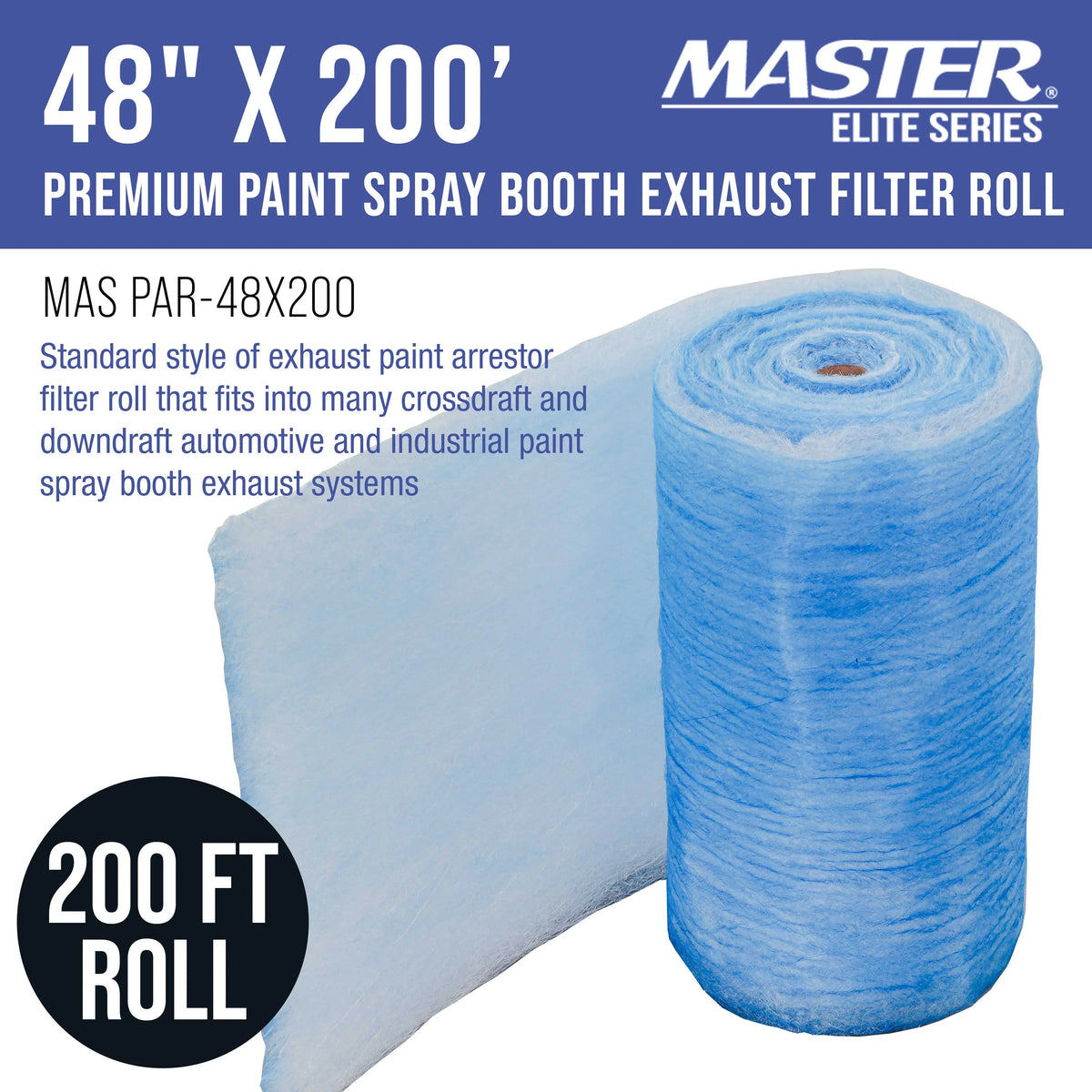 Master Elite Premium Paint Spray Booth Exhaust Filter Roll, 48" x 200' - 18 Gram Heavy-Duty Fiberglass Paint Arrestor - Captures Traps Overspray Paint Particles in Auto Autobody Refinish Booths