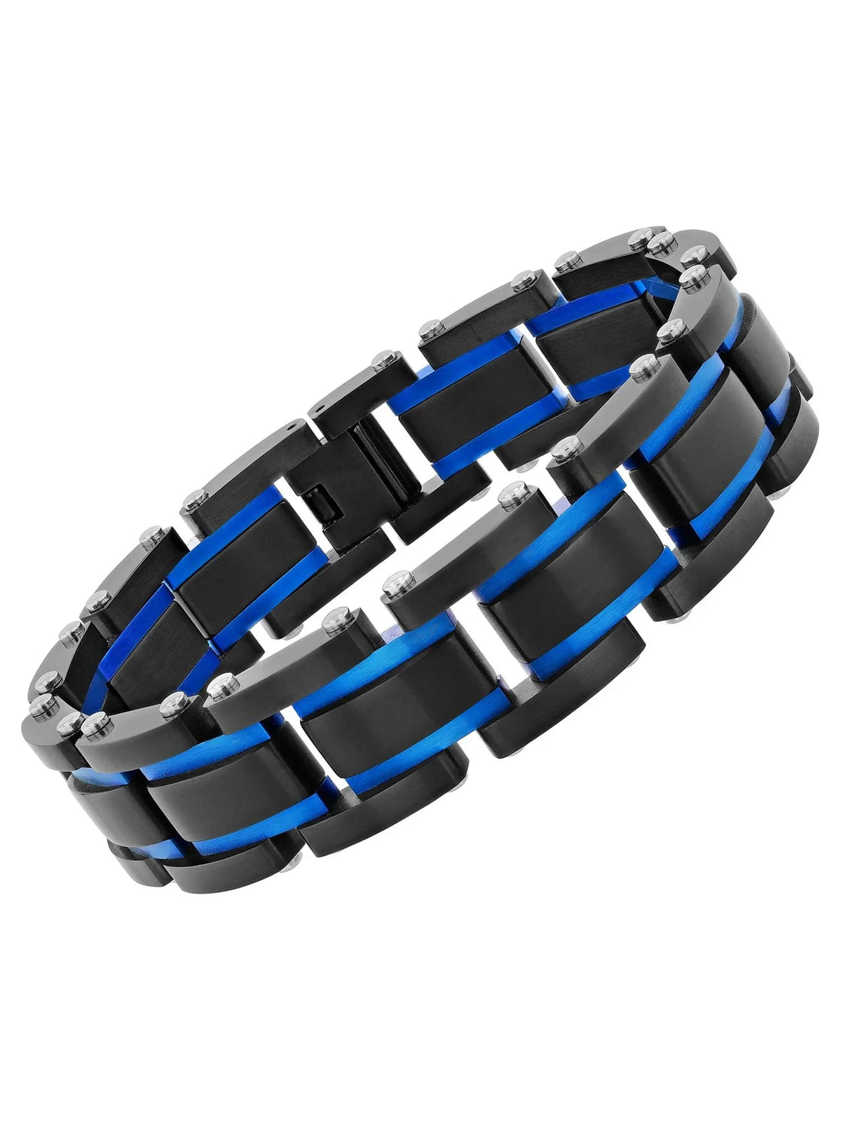 Men's Black and Blue Stainless Steel Link Bracelet