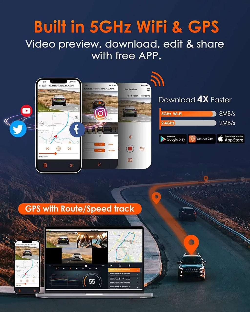 Vantrue E3 2.5K 3 Channel WiFi Dash Cam 1944P+1080P+1080P Front and Rear Inside 3 Way GPS Dash Camera for Car Voice Control IR Night Vision 24 Hrs Parking Mode Motion Detection